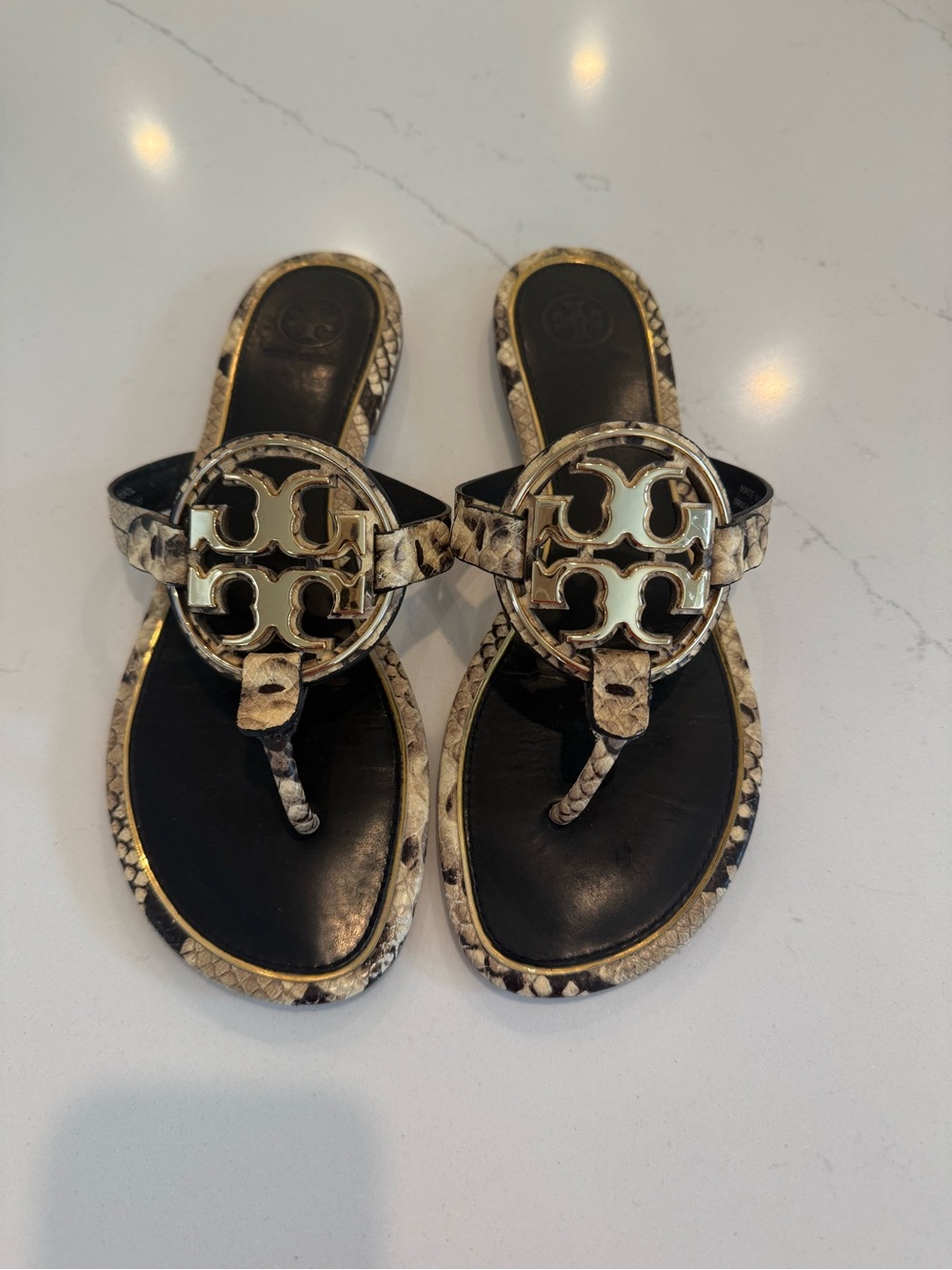Tory Burch Black and Beige Snake-Print Logo Thong Sandals